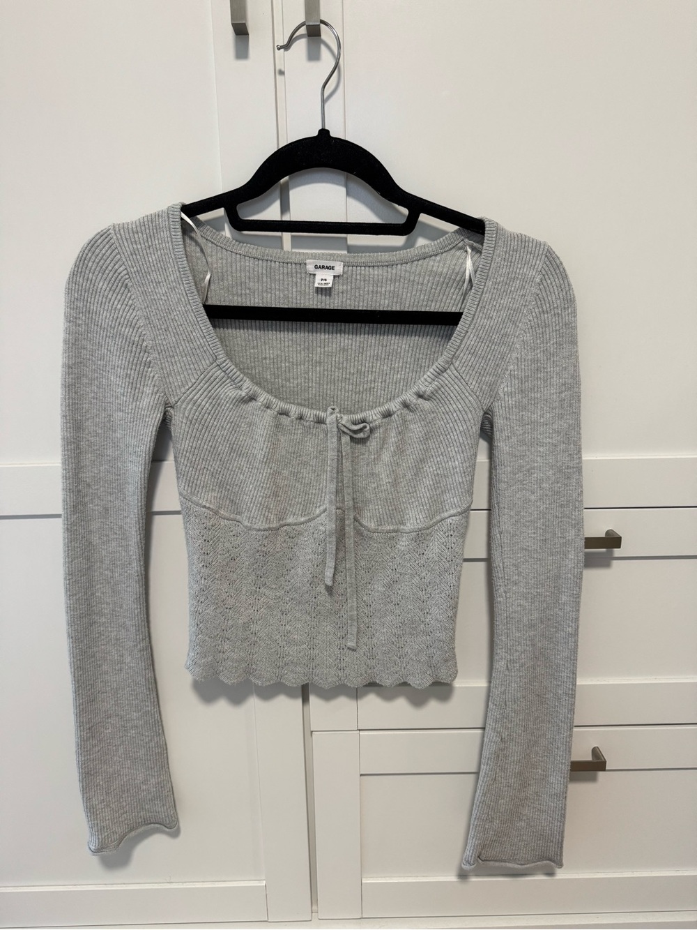 Garage Light Gray Ribbed Tie-Front Long Sleeve Top